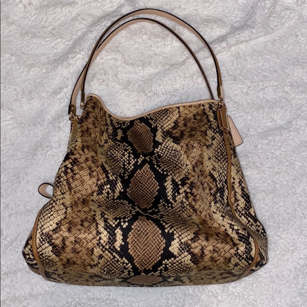 Coach Snake Print Shoulder Bag - Brown and Black